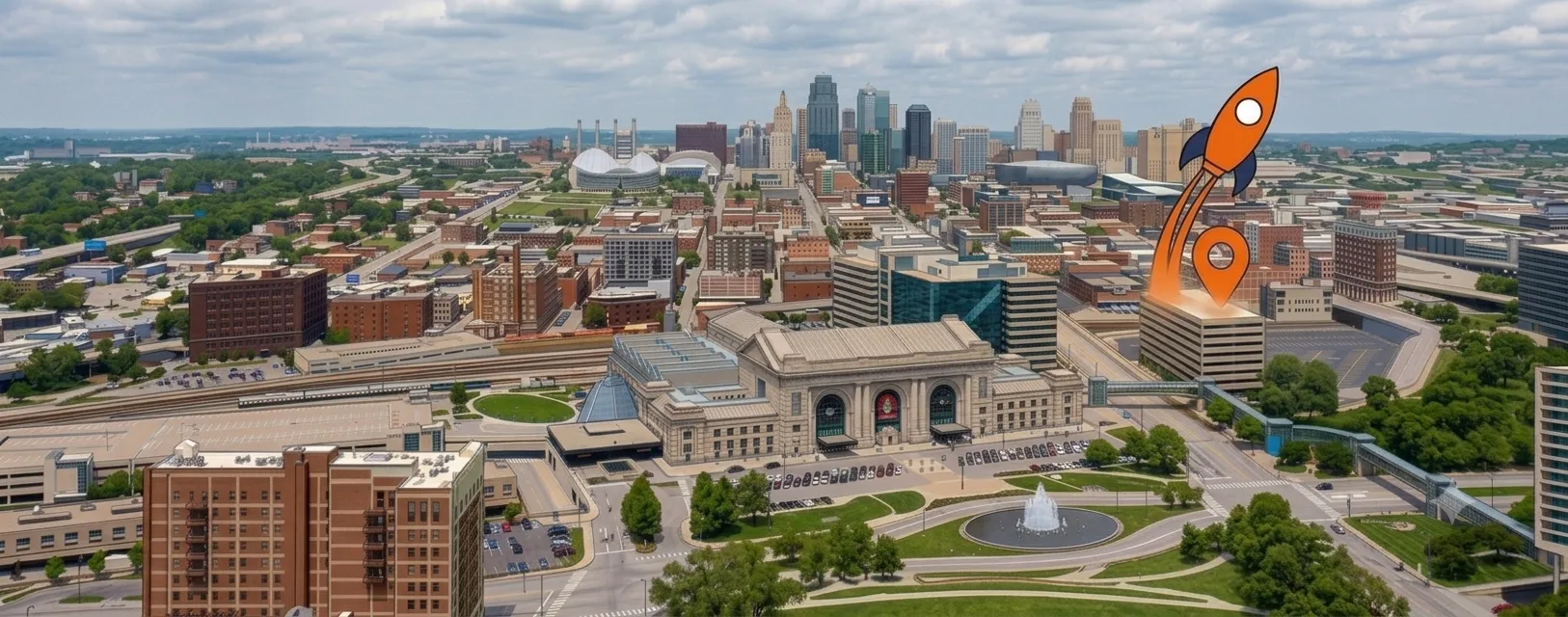 Illustration of a rocket launching from a map pin over the downtown Kansas City skyline, representing Local Explosure's local growth focus