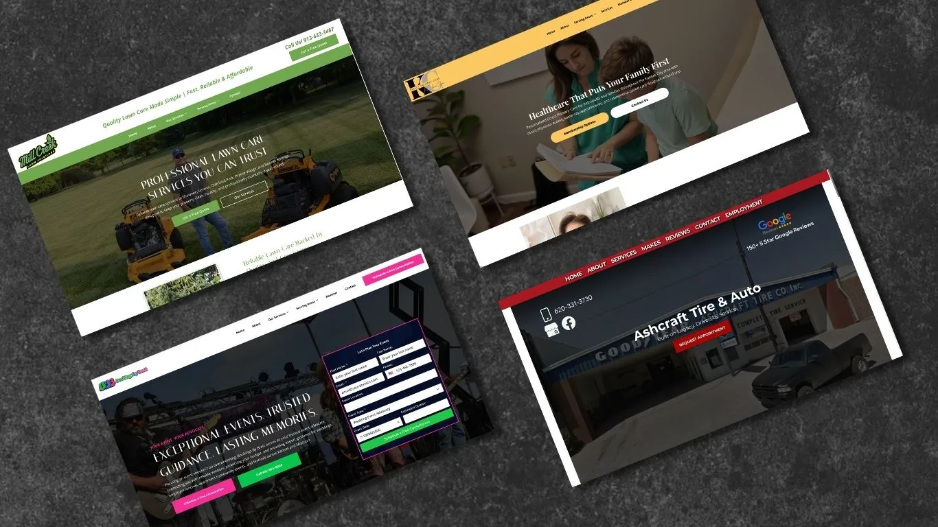 Collage of website designs Local Explosure has built for Kansas City small businesses, including Mill Creek Lawn Solutions and Kingdom Care DPC